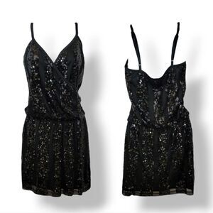 Express Sequined Embellished Striped Surplice Mini Dress in Black Size XS